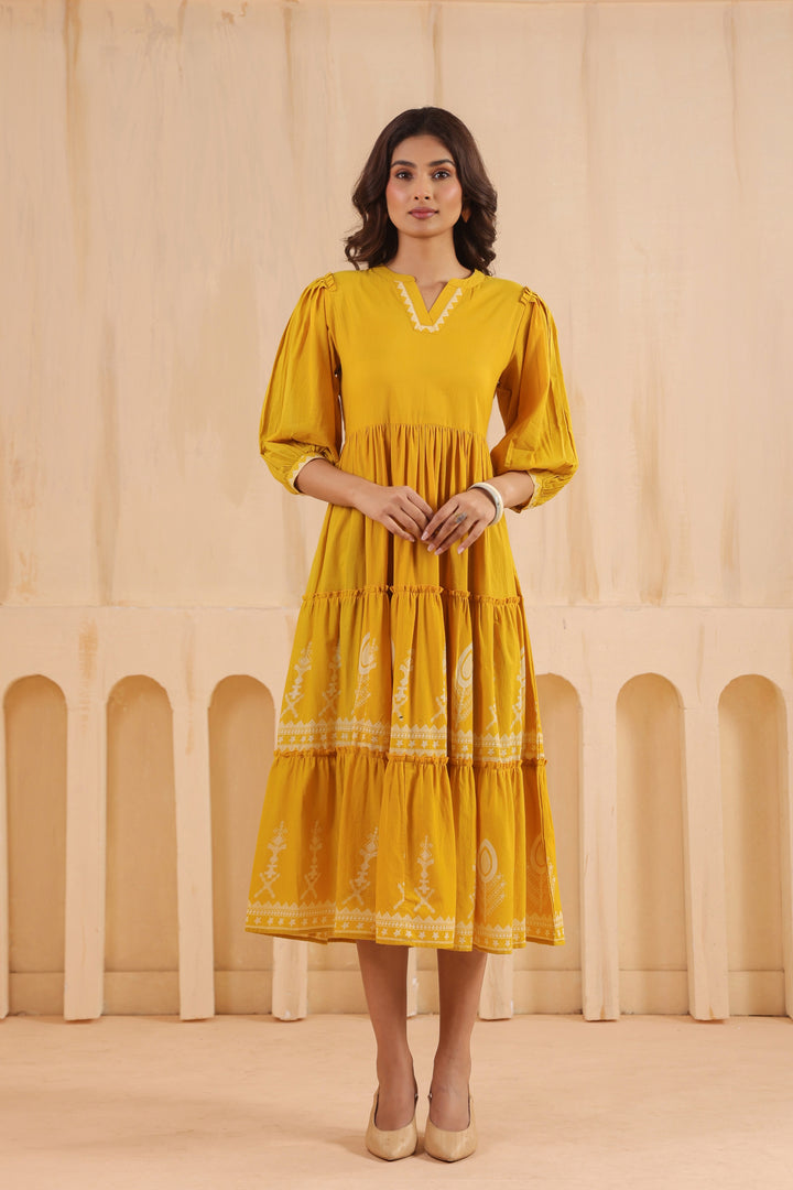 Yellow Cotton Printed Designer Flared Dress