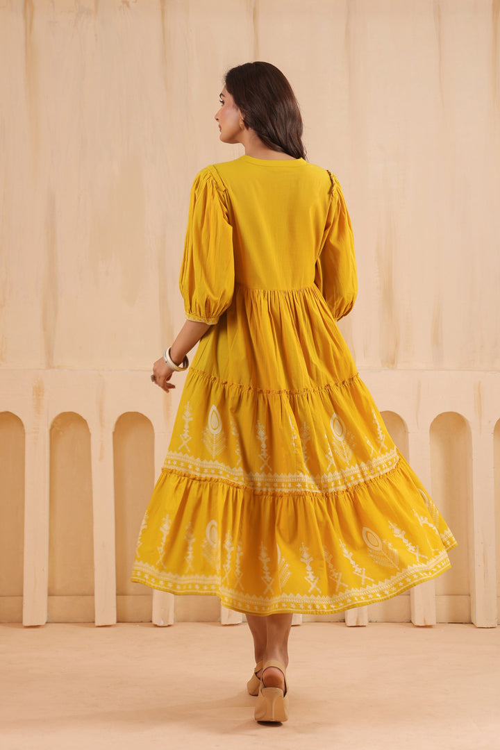 Yellow Cotton Printed Designer Flared Dress