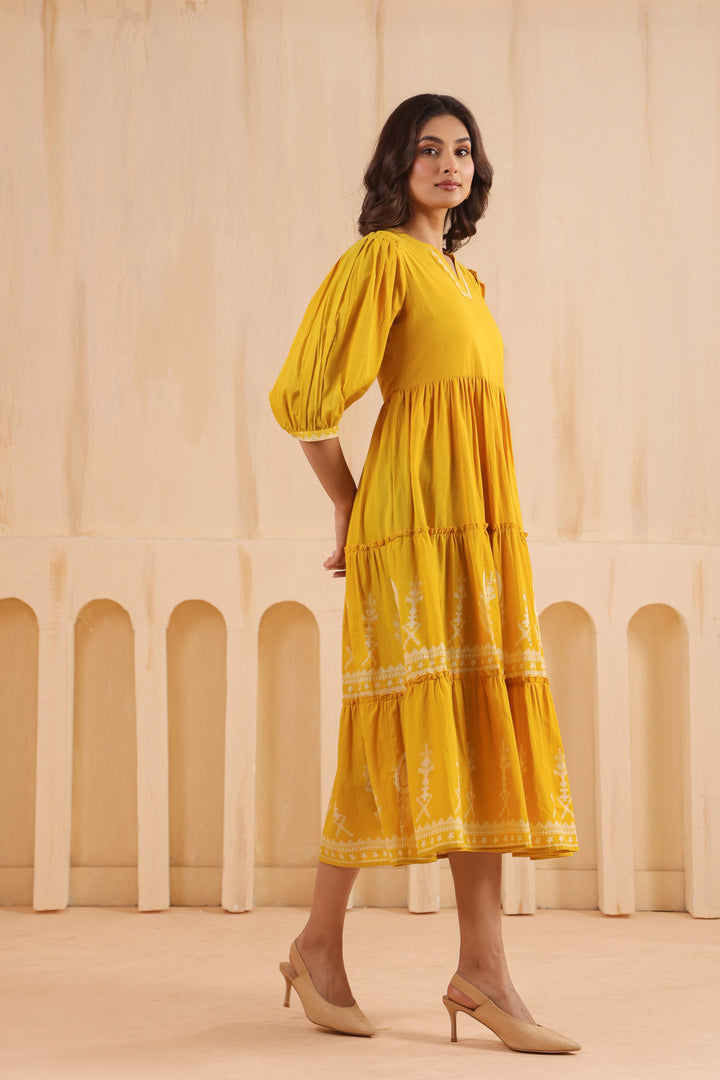 Yellow Cotton Printed Designer Flared Dress