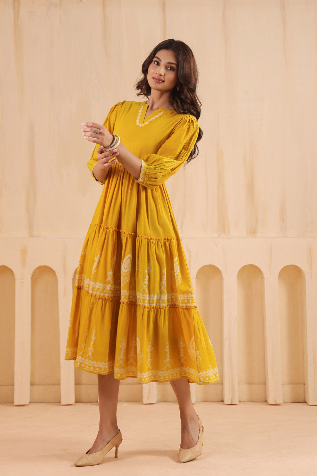 Yellow Cotton Printed Designer Flared Dress