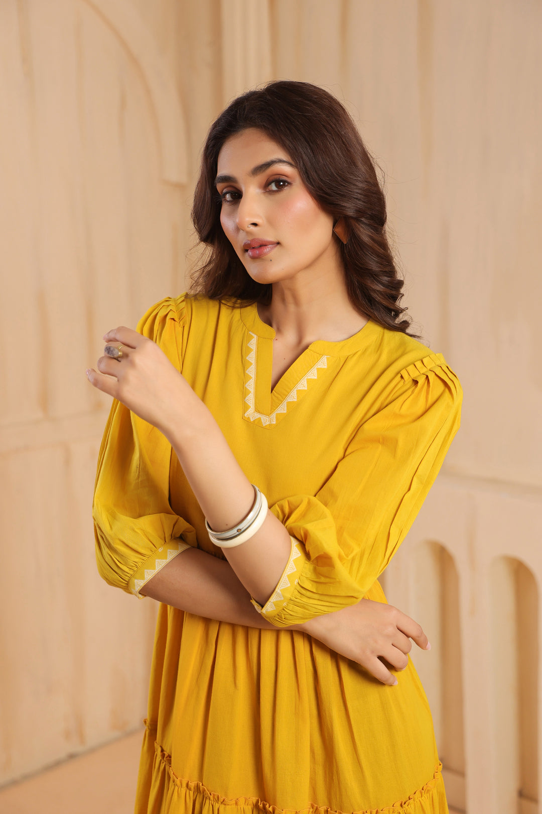 Yellow Cotton Printed Designer Flared Dress