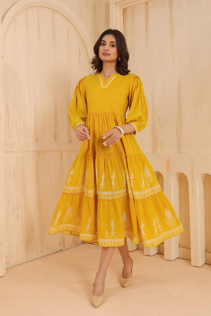 Yellow Cotton Printed Designer Flared Dress
