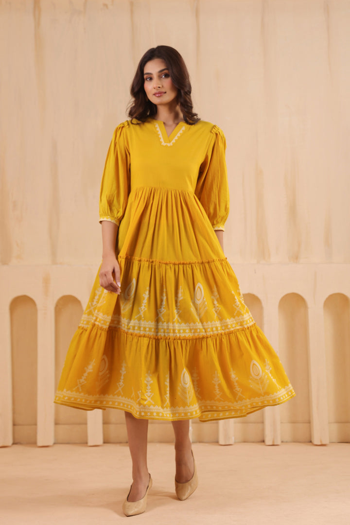 Yellow Cotton Printed Designer Flared Dress