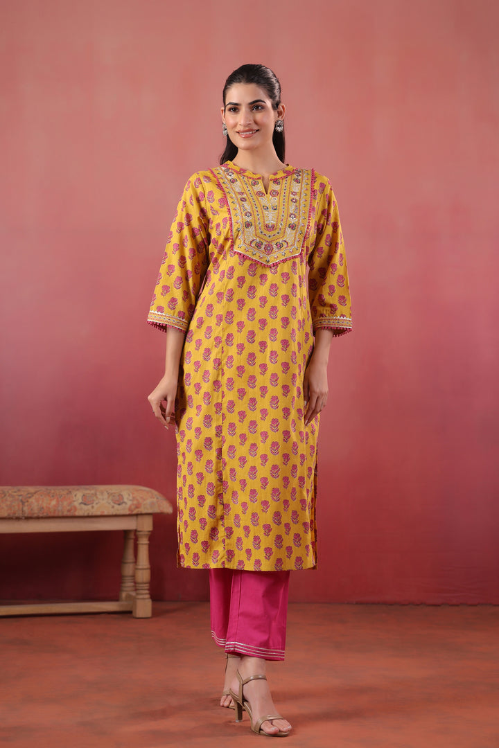 Yellow cotton Embroidery Designer Kurta pant Set