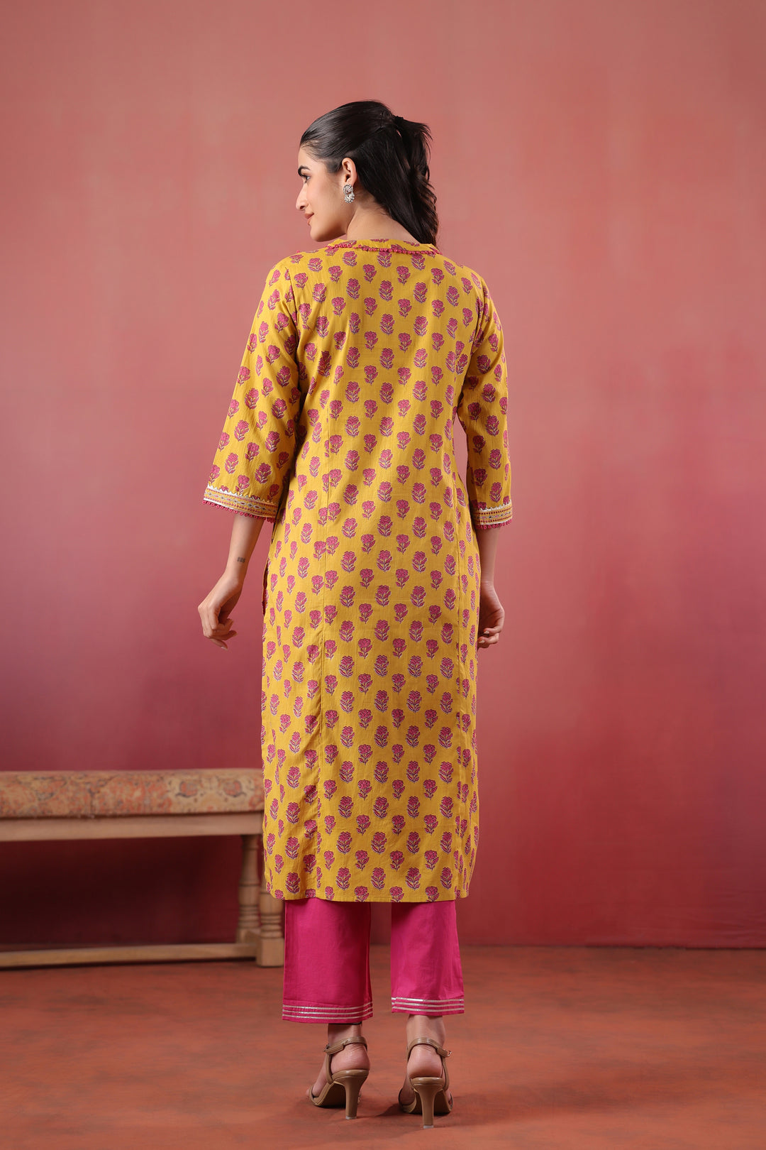 Yellow cotton Embroidery Designer Kurta pant Set