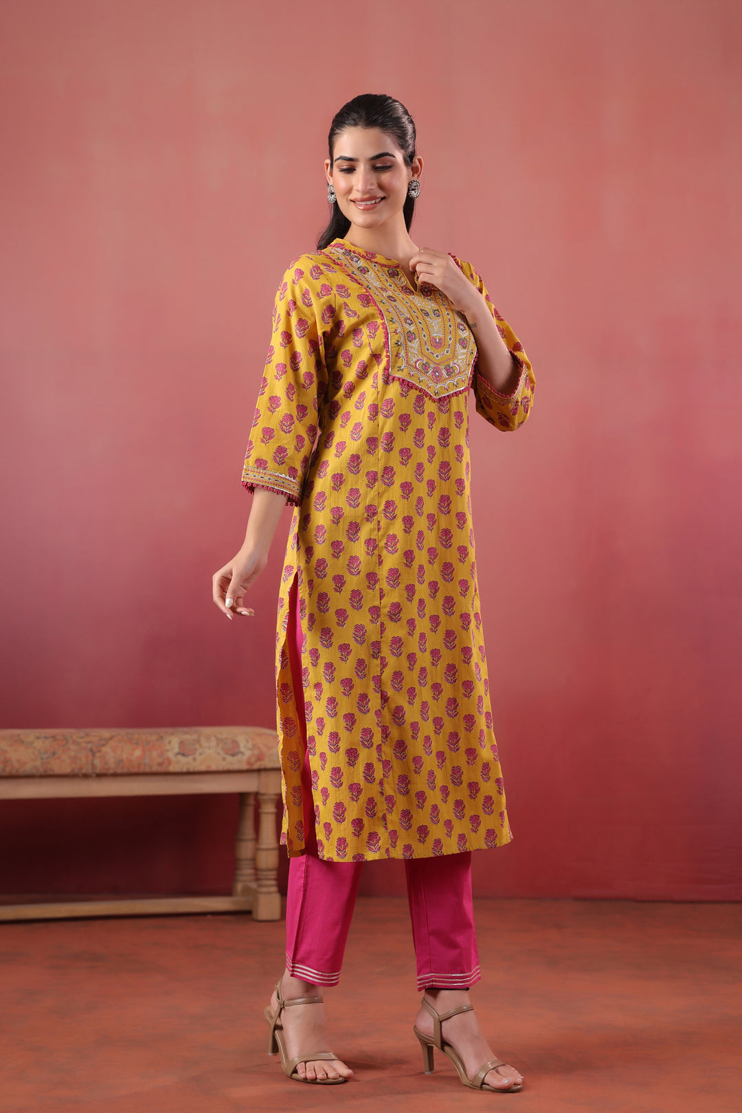 Yellow cotton Embroidery Designer Kurta pant Set