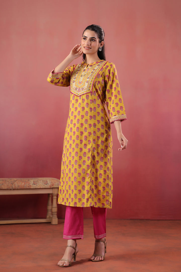 Yellow cotton Embroidery Designer Kurta pant Set