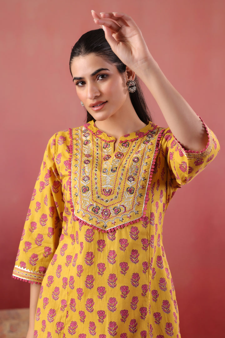 Yellow cotton Embroidery Designer Kurta pant Set