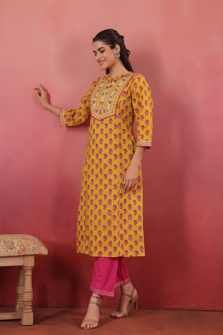 Yellow cotton Embroidery Designer Kurta pant Set