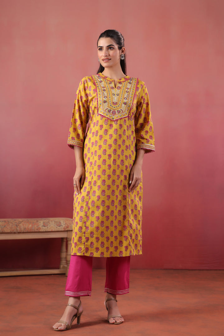 Yellow cotton Embroidery Designer Kurta pant Set