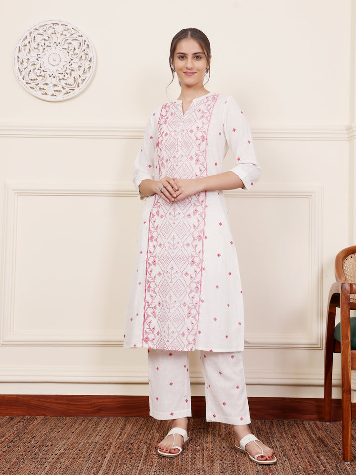 White Cotton Printed A Line Kurta Pant Set