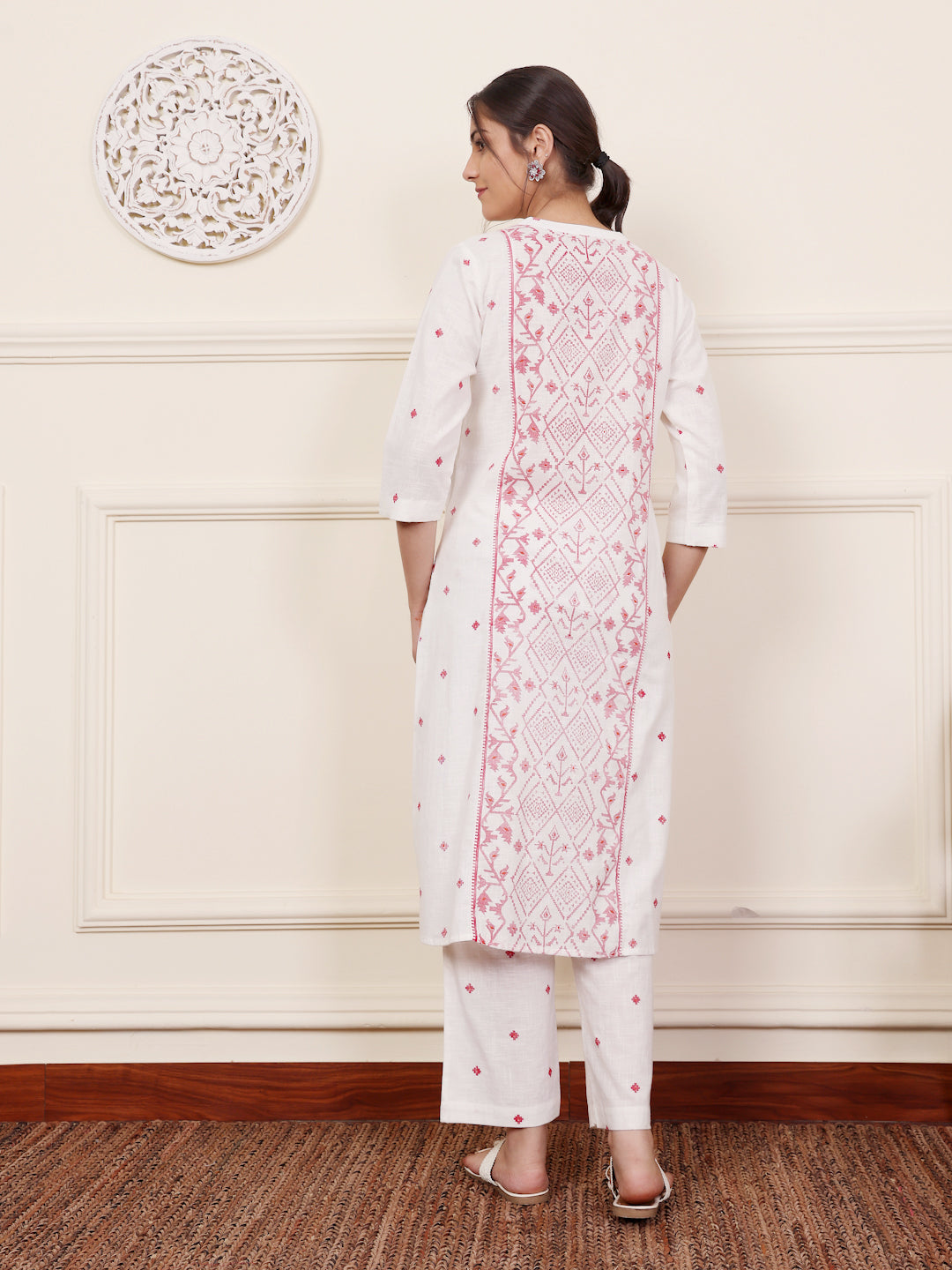 White Cotton Printed A Line Kurta Pant Set