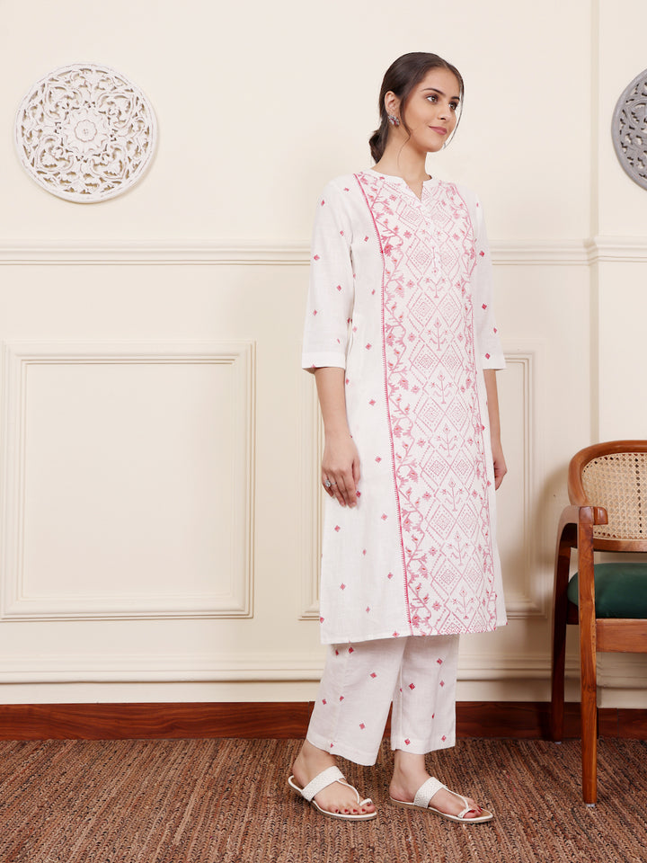 White Cotton Printed A Line Kurta Pant Set