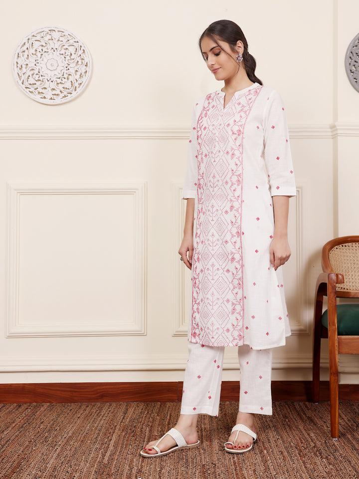 White Cotton Printed A Line Kurta Pant Set