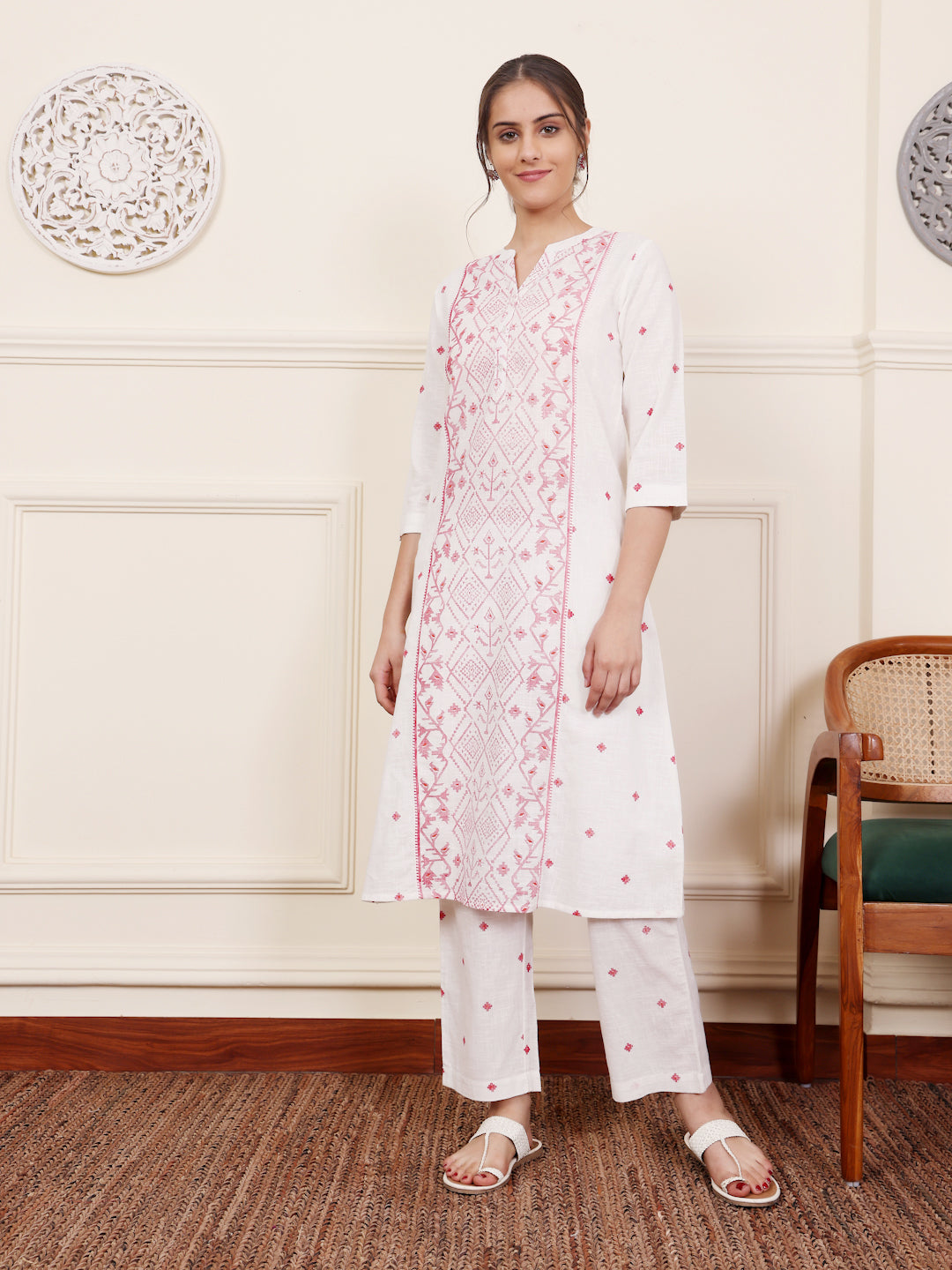 White Cotton Printed A Line Kurta Pant Set