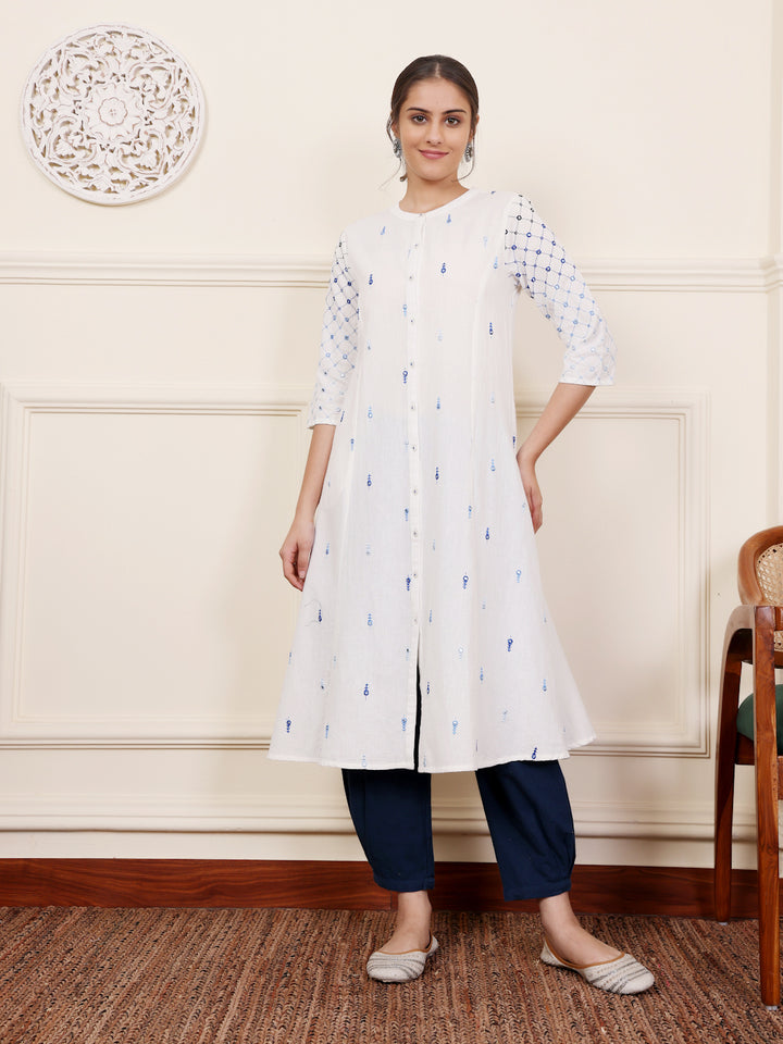 White Cotton Embroidered Round Neck Kurta