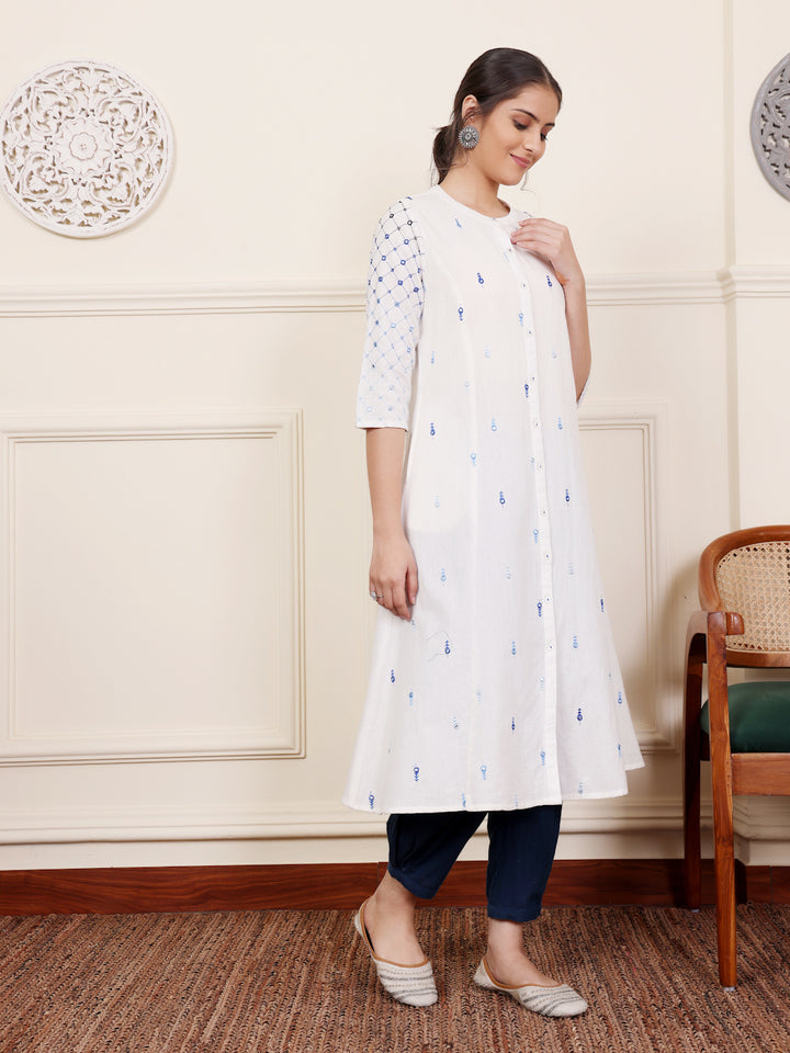 White Cotton Embroidered Round Neck Kurta