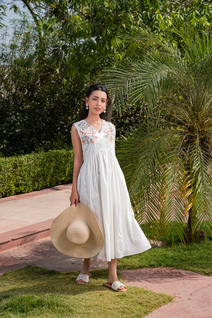 White Cotton Embroidered Sleeveless Flared Dress