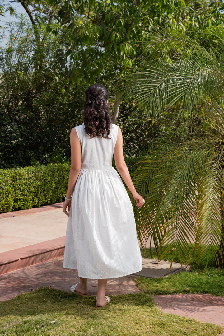 White Cotton Embroidered Sleeveless Flared Dress