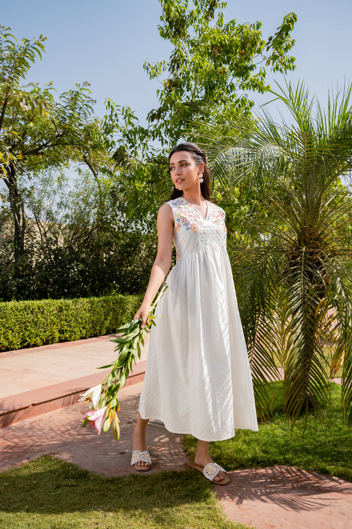 White Cotton Embroidered Sleeveless Flared Dress