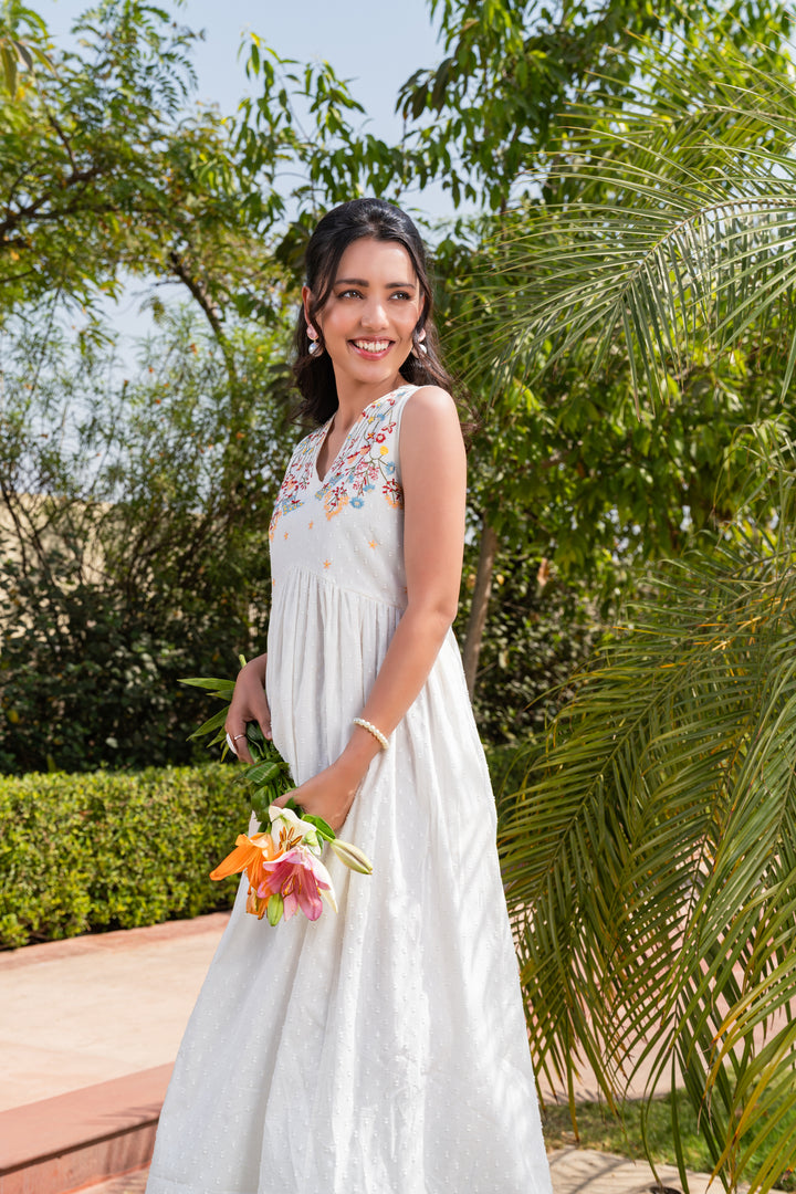 White Cotton Embroidered Sleeveless Flared Dress