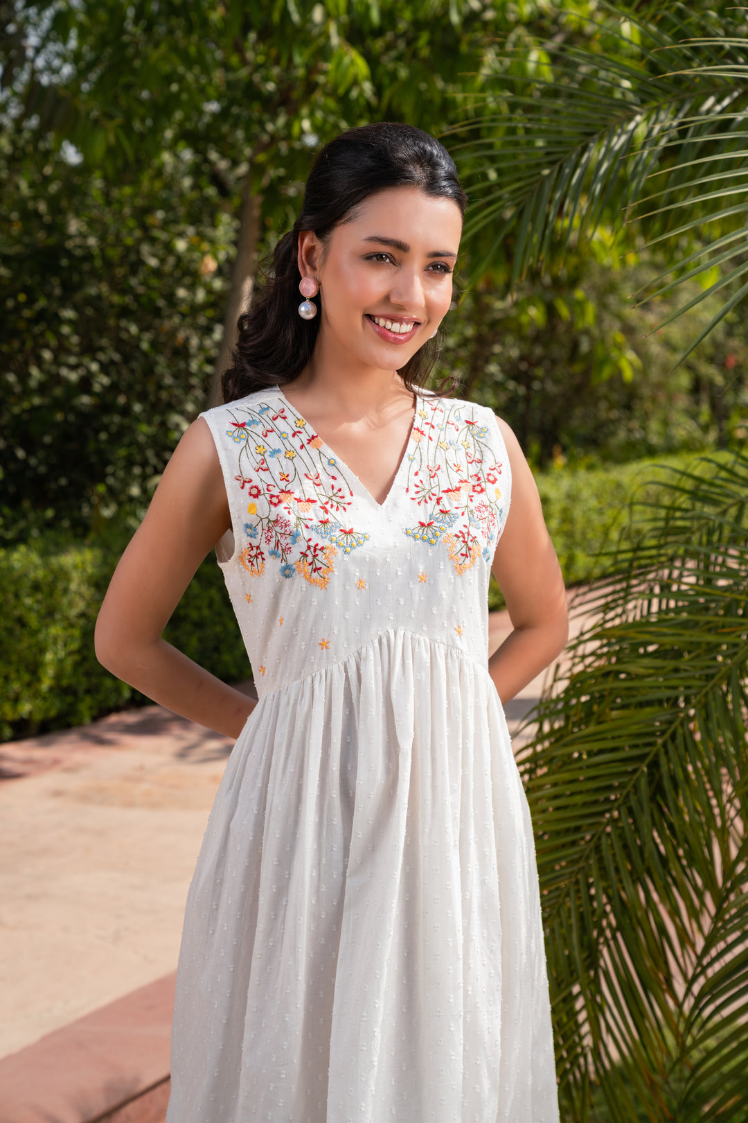 White Cotton Embroidered Sleeveless Flared Dress
