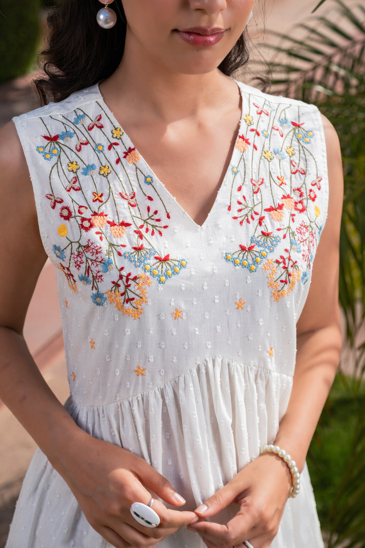 White Cotton Embroidered Sleeveless Flared Dress