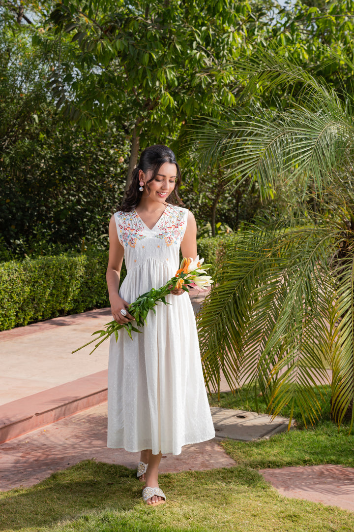 White Cotton Embroidered Sleeveless Flared Dress