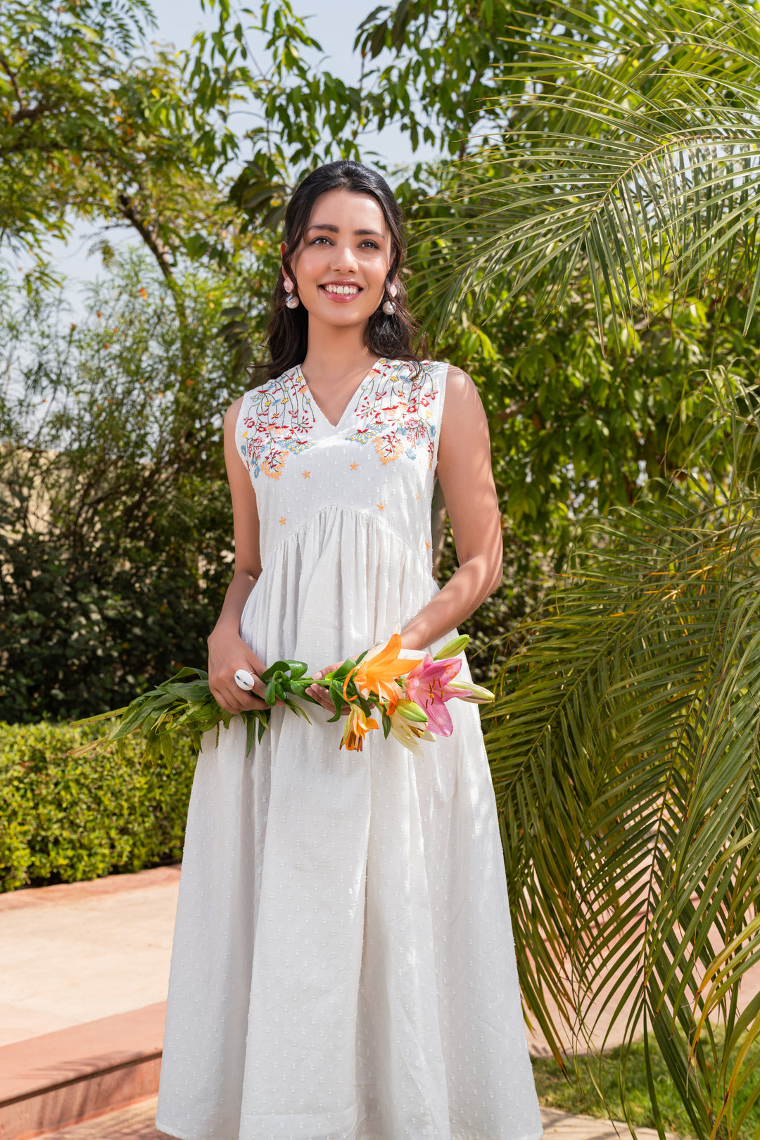 White Cotton Embroidered Sleeveless Flared Dress