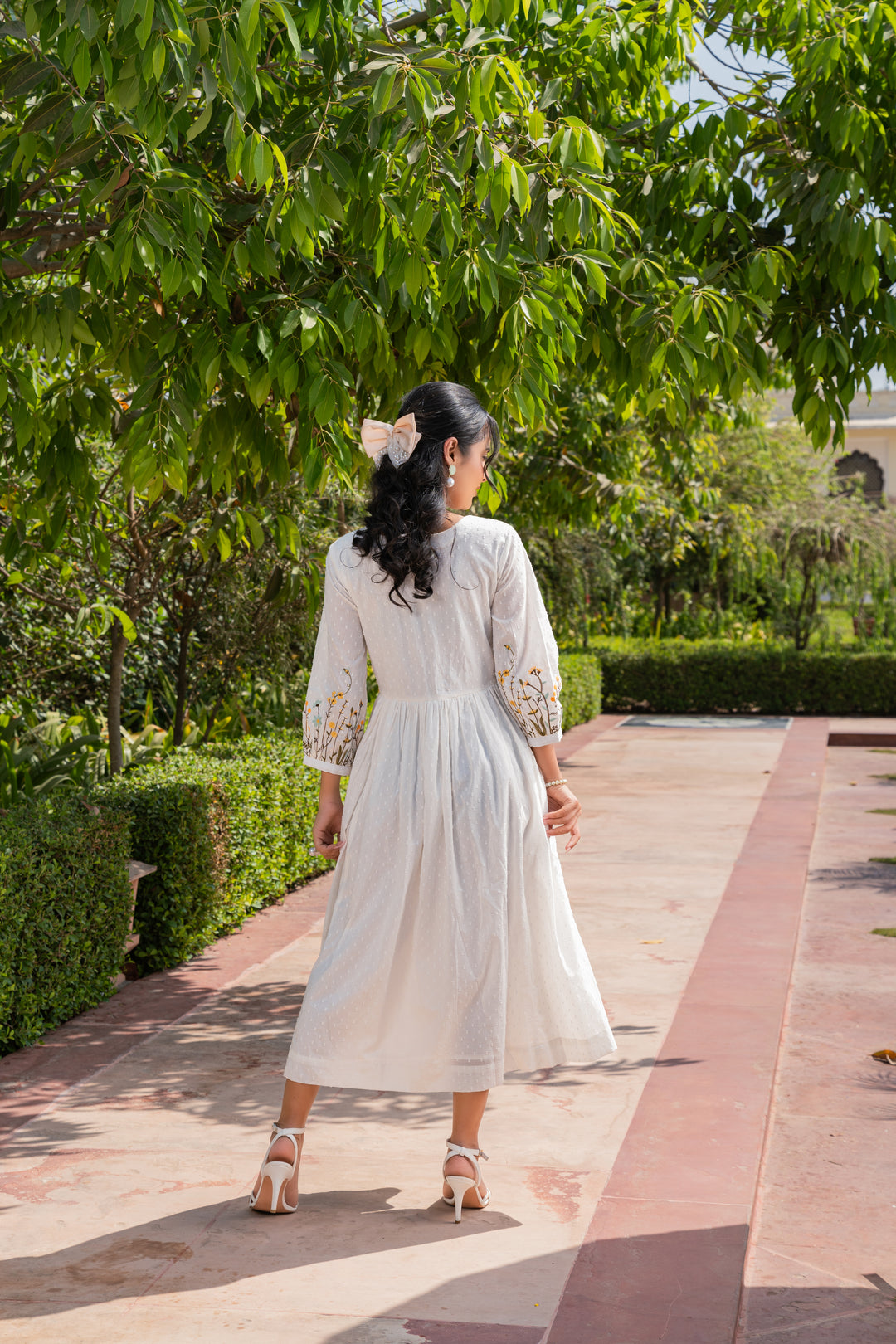 White Cotton Embroidered Designer Flared Dress