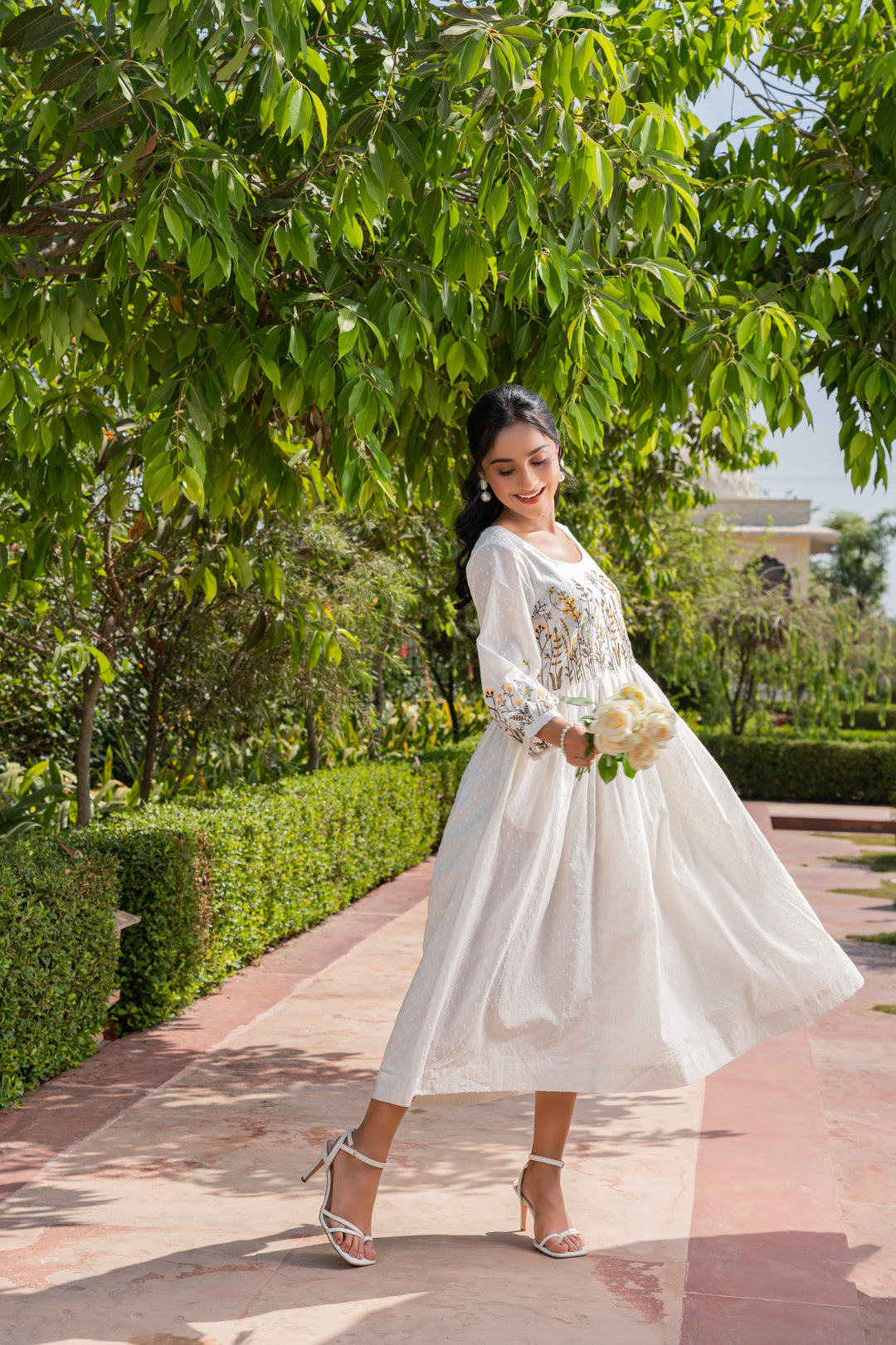 White Cotton Embroidered Designer Flared Dress