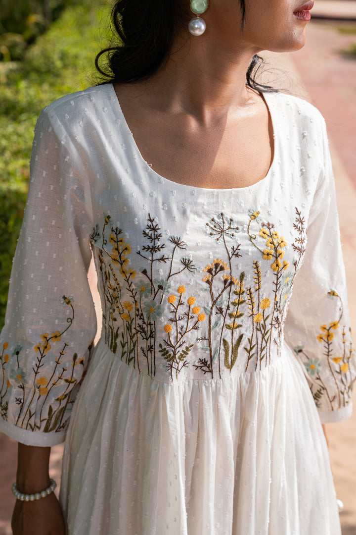 White Cotton Embroidered Designer Flared Dress