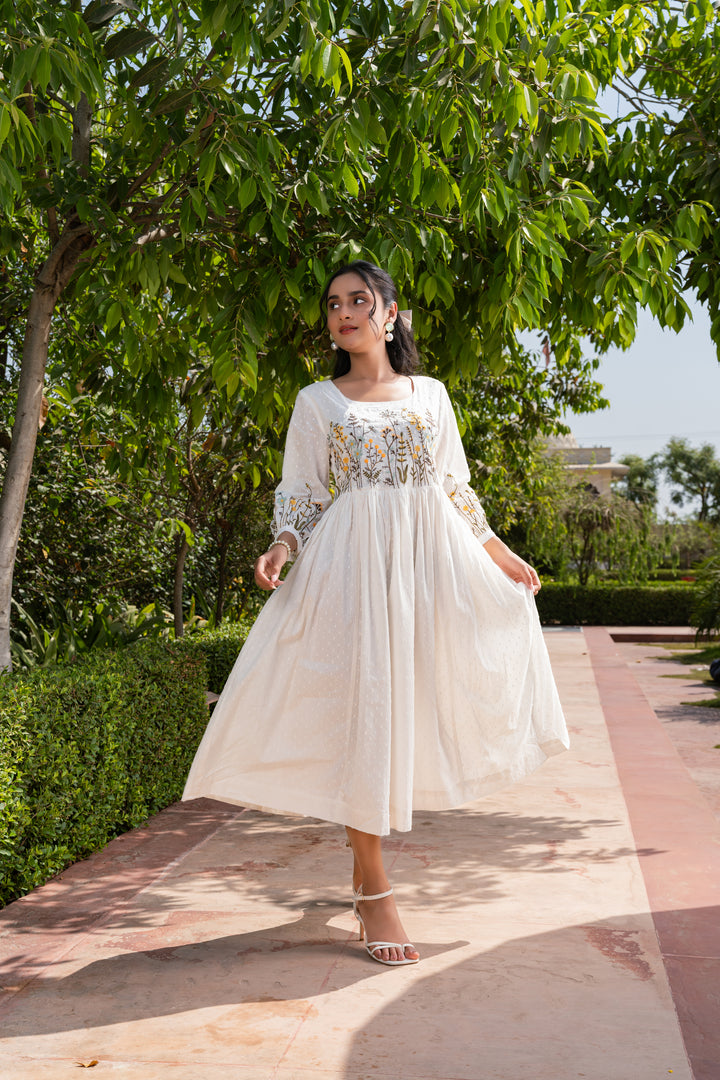 White Cotton Embroidered Designer Flared Dress