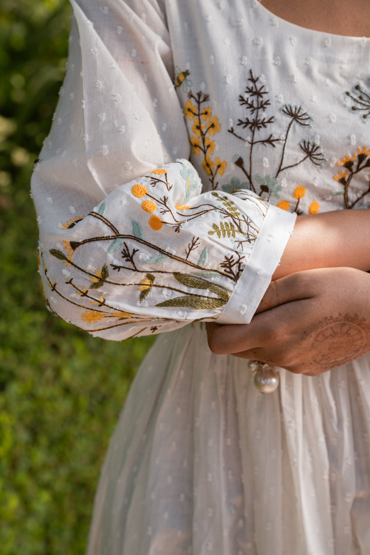 White Cotton Embroidered Designer Flared Dress