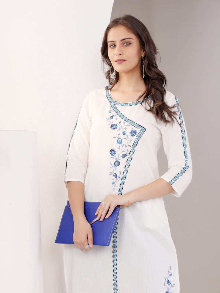 White Cotton Embroidered Round Neck Kurta