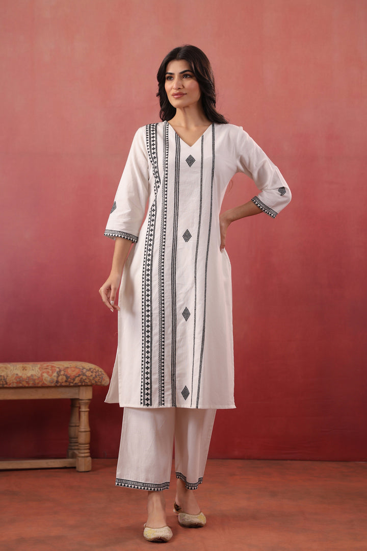 White Cotton Embroidered Kurta Pant Set