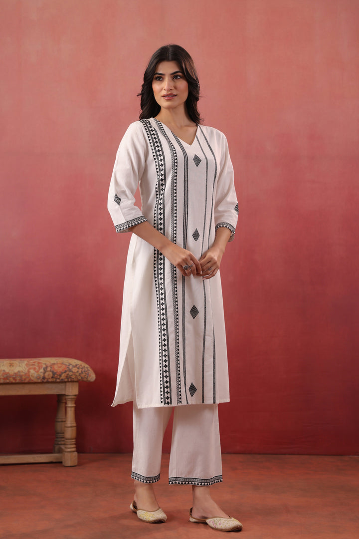 White Cotton Embroidered Kurta Pant Set