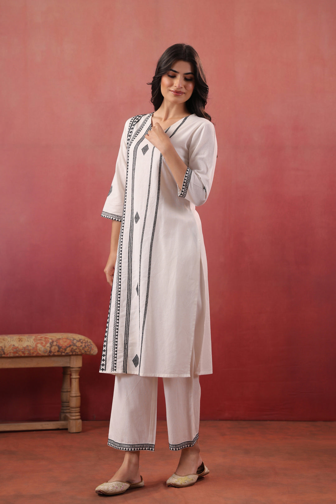 White Cotton Embroidered Kurta Pant Set