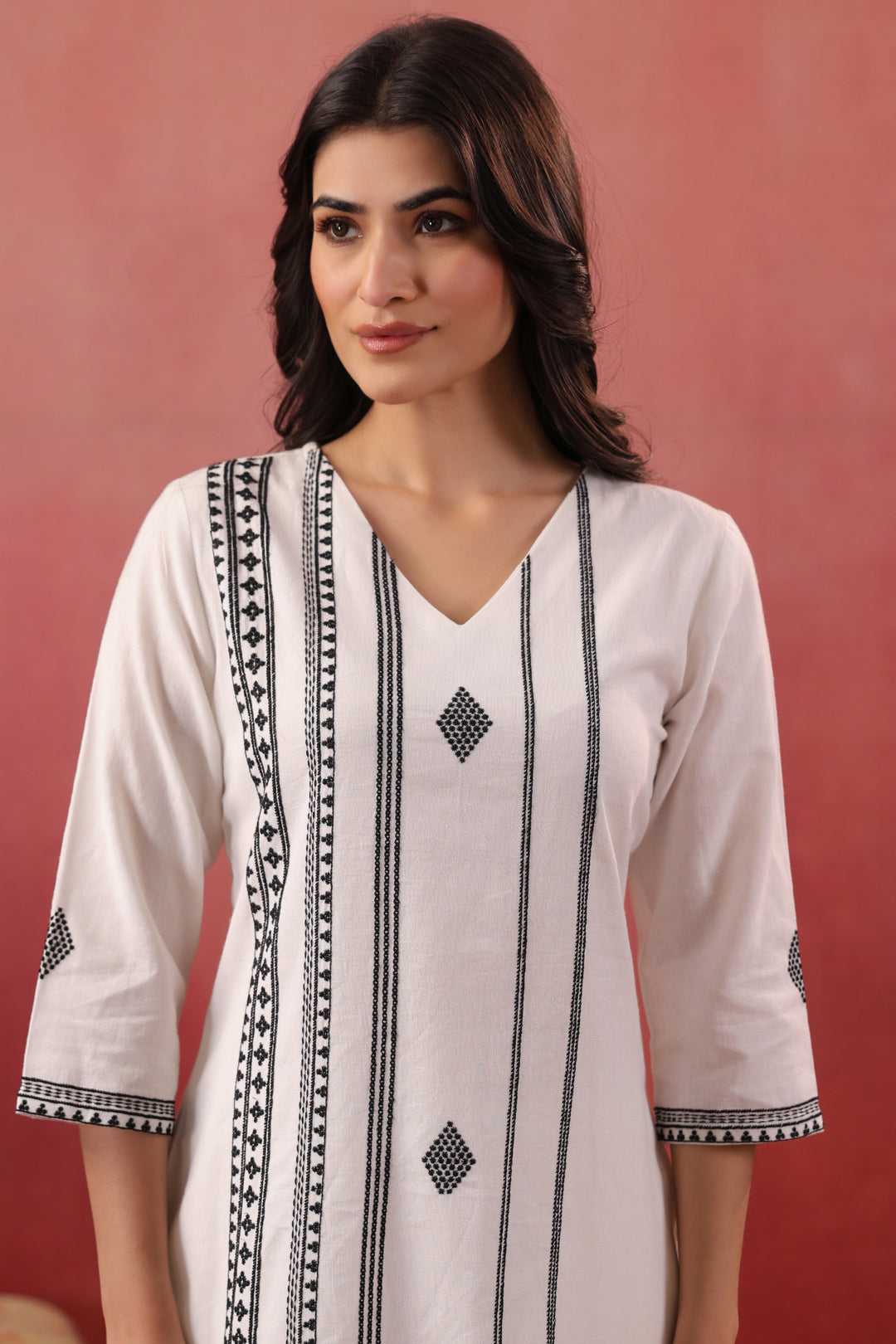 White Cotton Embroidered Kurta Pant Set