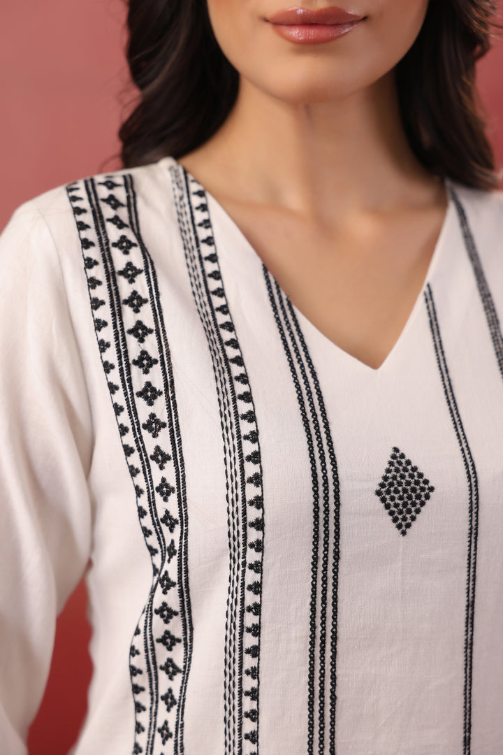 White Cotton Embroidered Kurta Pant Set