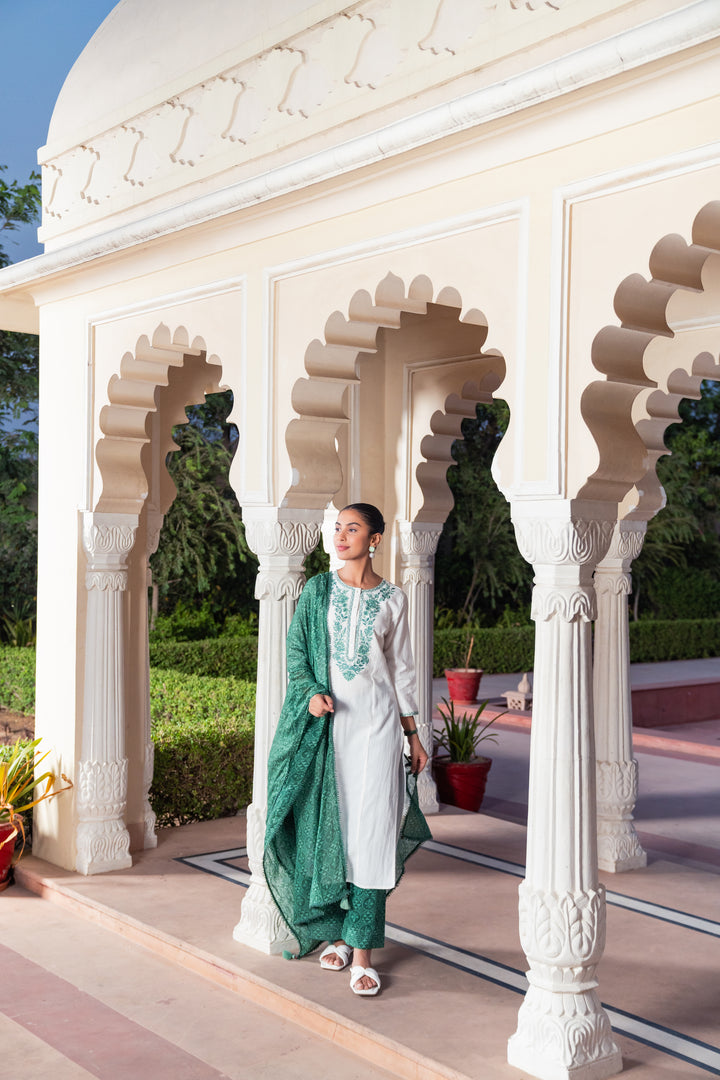White Cotton Green Embroidered Kurta Pant With Dupatta
