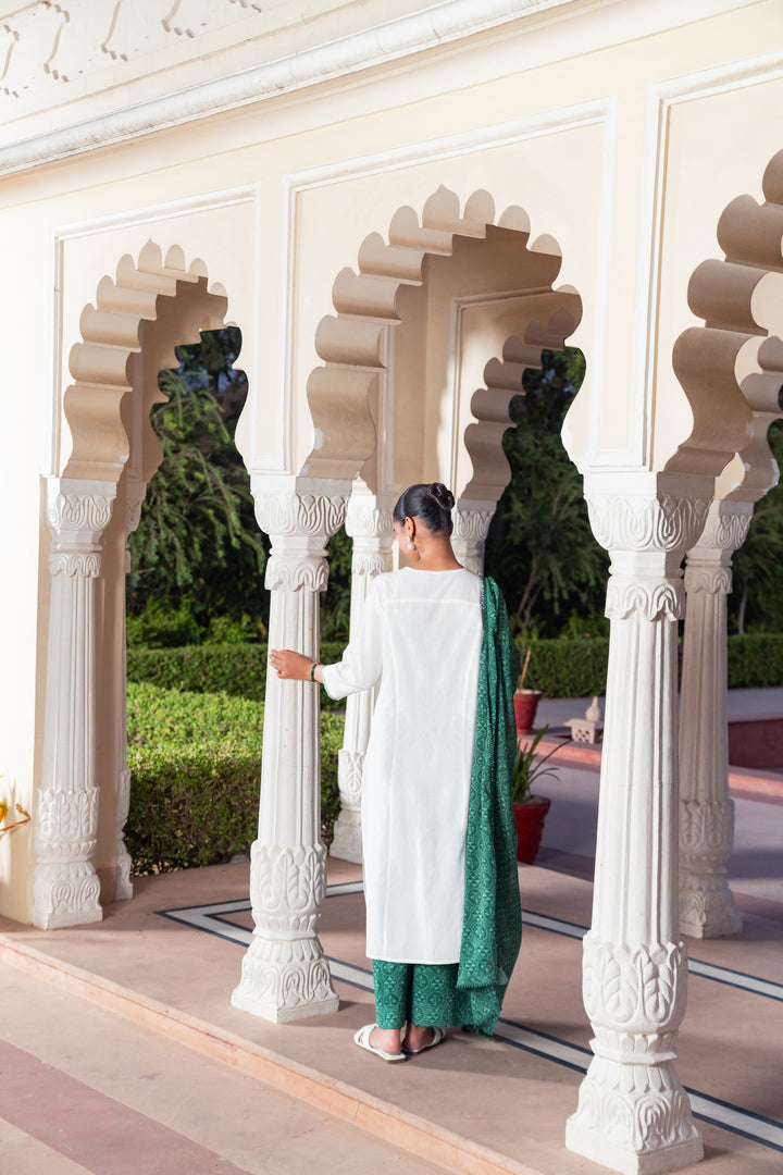 White Cotton Green Embroidered Kurta Pant With Dupatta
