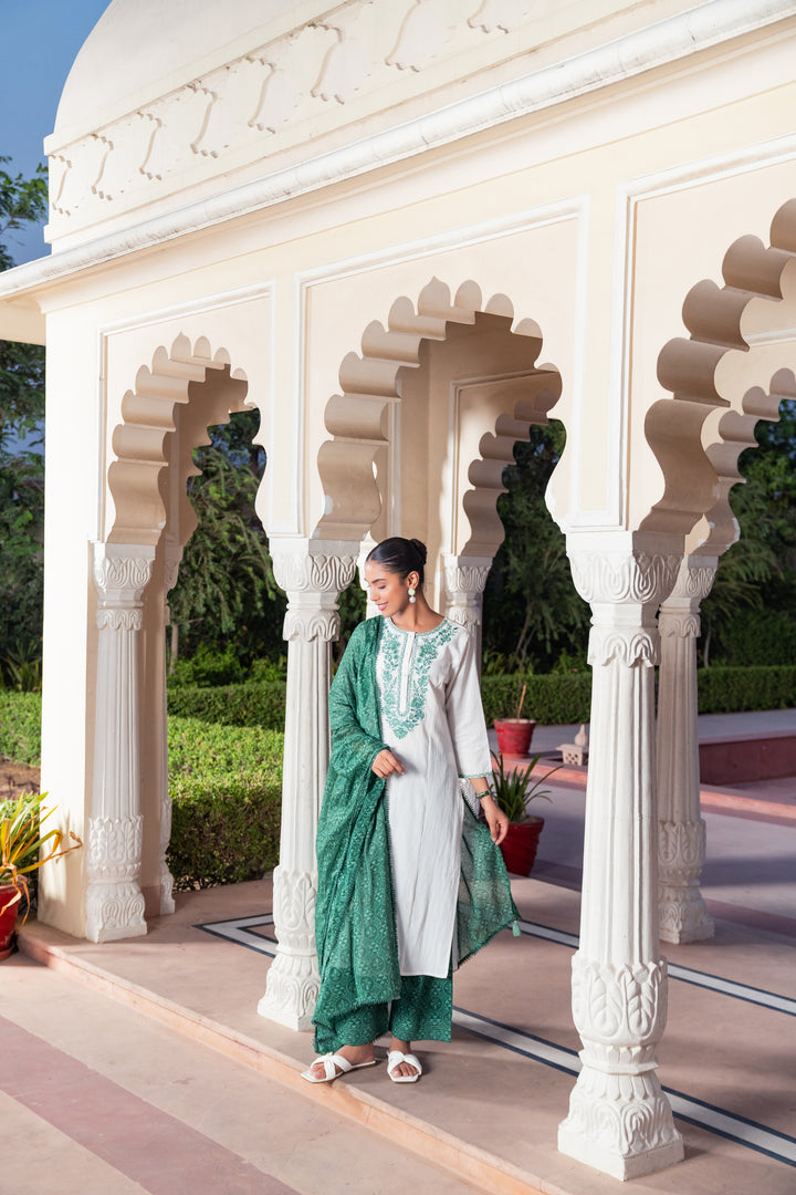White Cotton Green Embroidered Kurta Pant With Dupatta