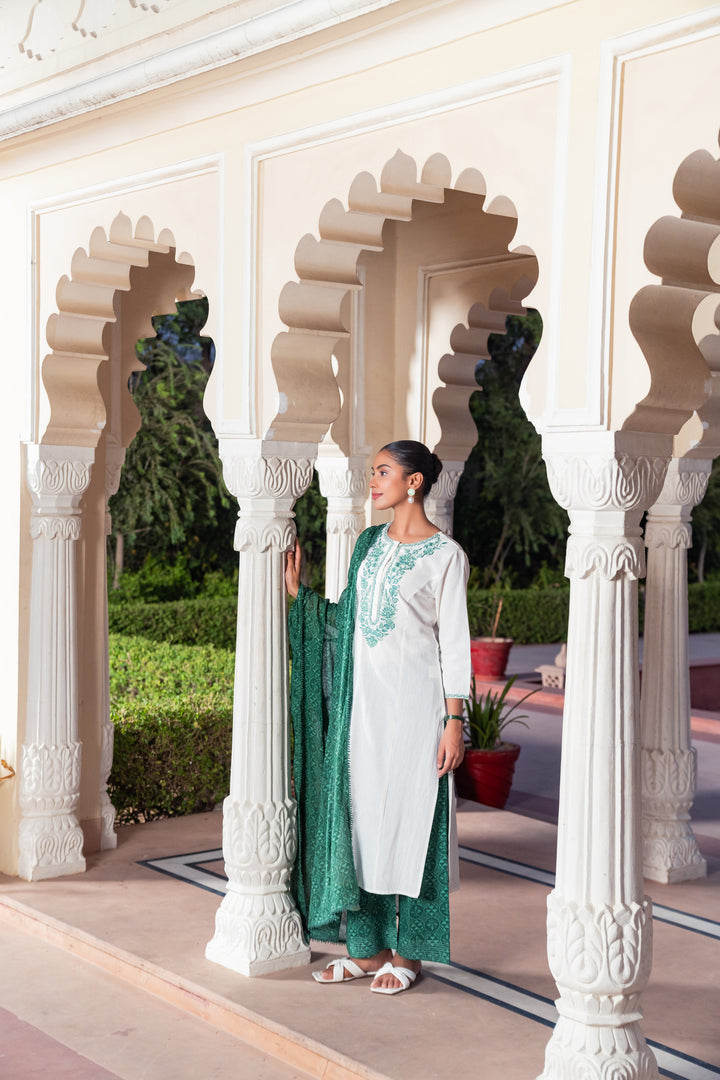 White Cotton Green Embroidered Kurta Pant With Dupatta