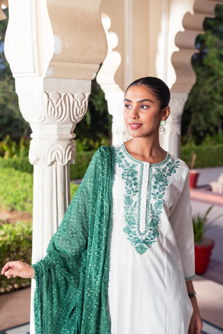 White Cotton Green Embroidered Kurta Pant With Dupatta
