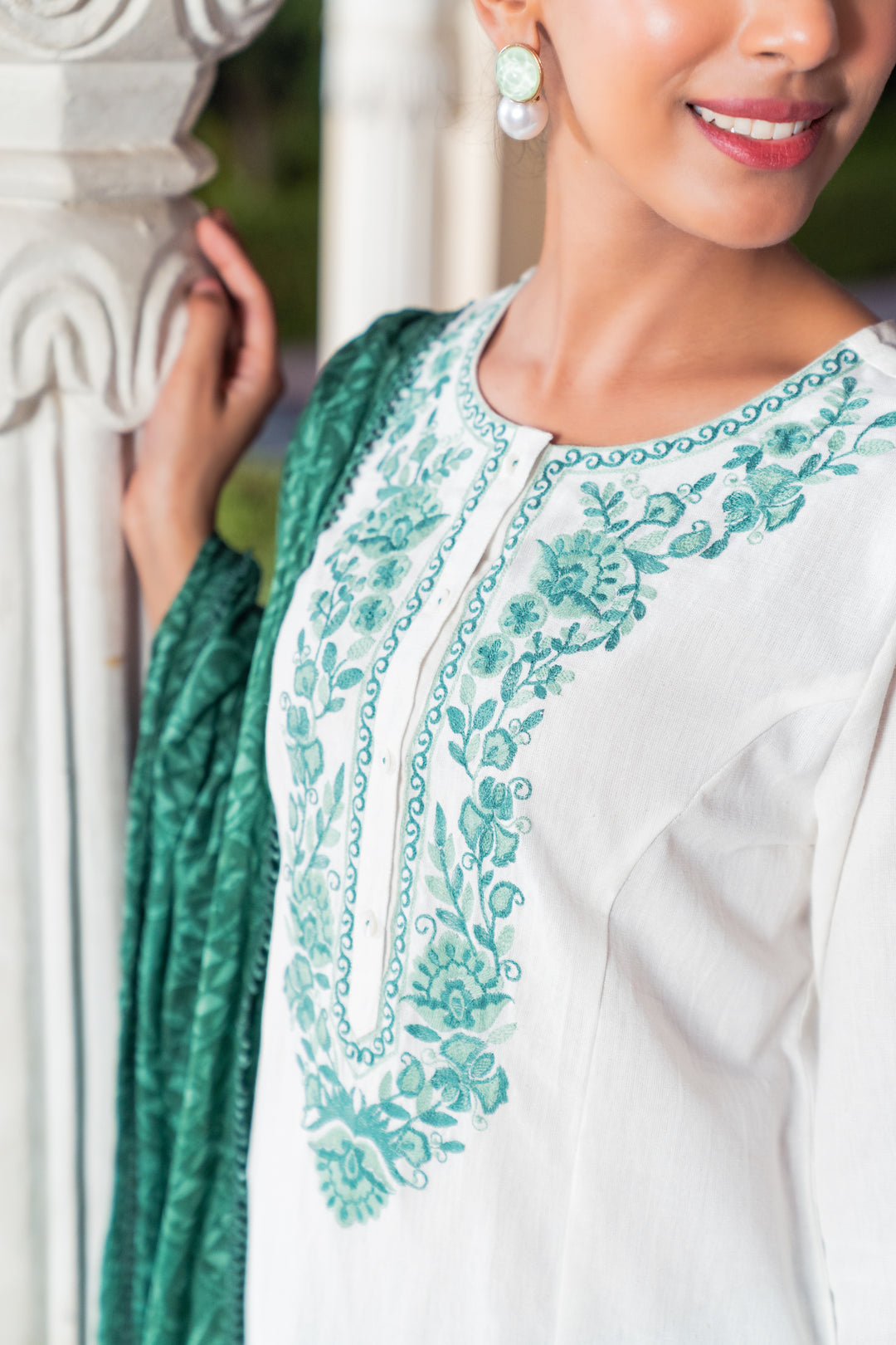 White Cotton Green Embroidered Kurta Pant With Dupatta