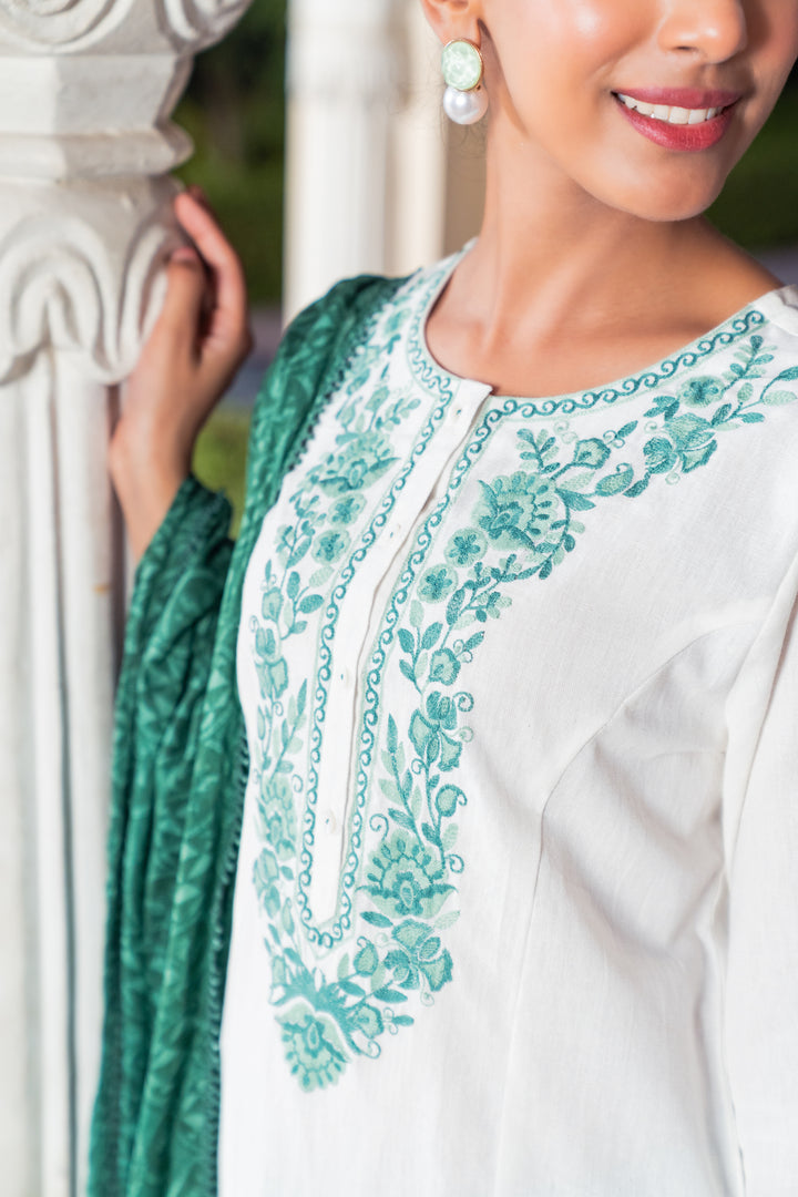 White Cotton Green Embroidered Kurta Pant With Dupatta