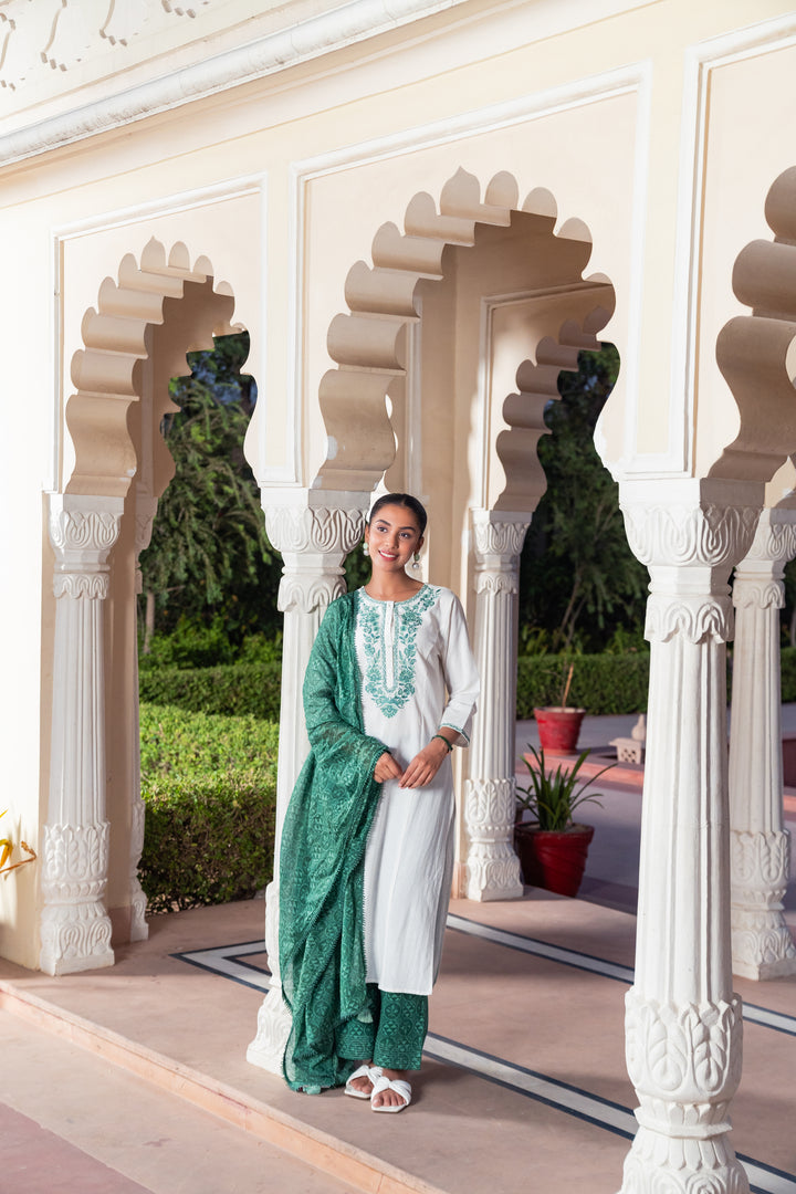 White Cotton Green Embroidered Kurta Pant With Dupatta