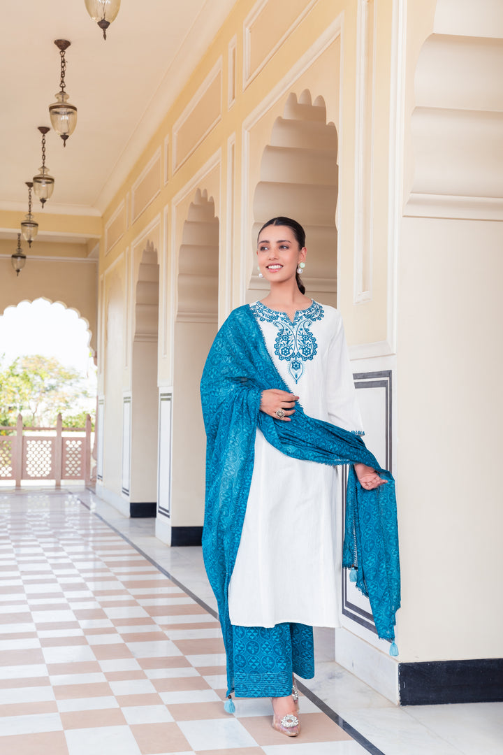 White Cotton Blue Embroidered Straight Kurta Pant With Dupatta
