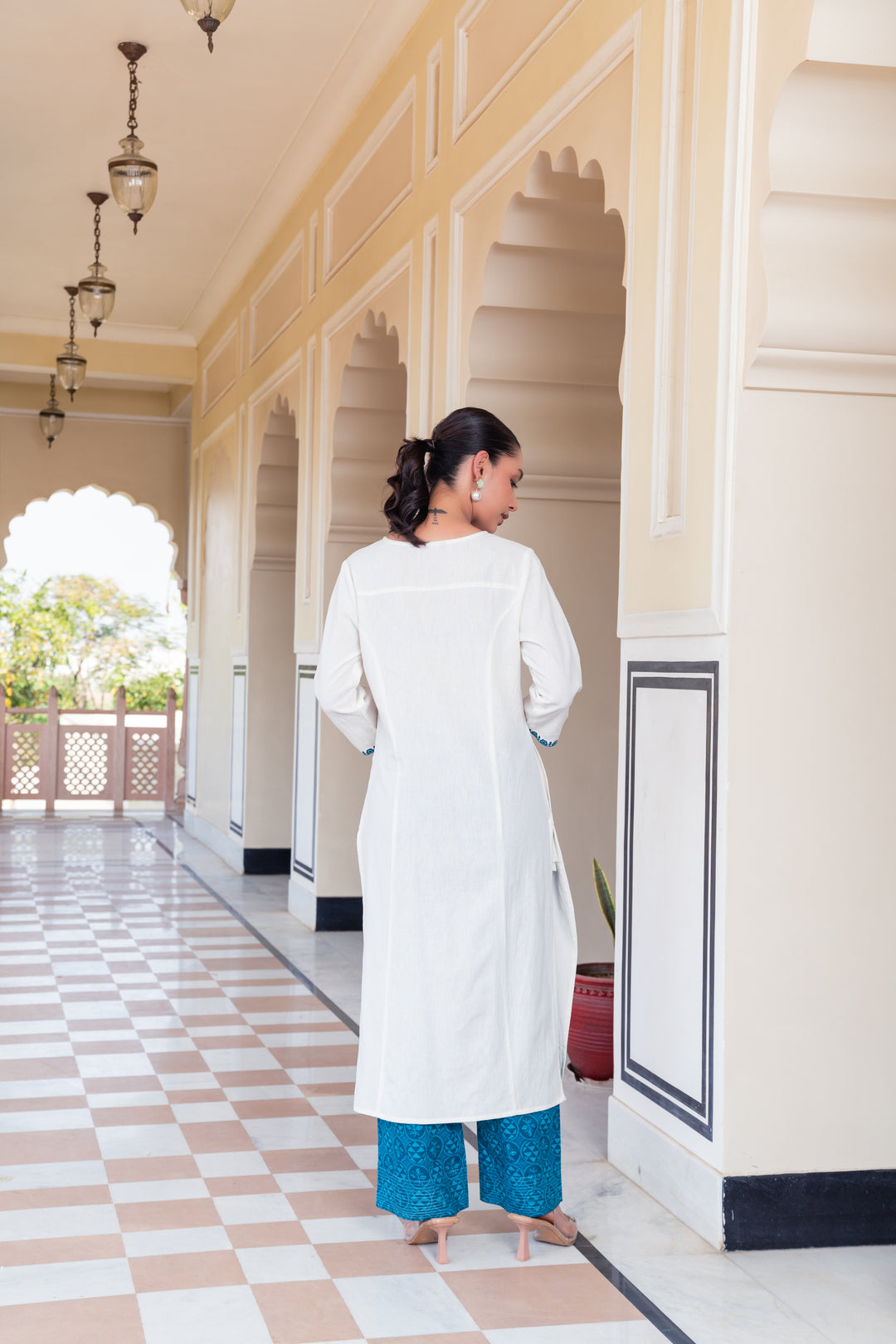 White Cotton Blue Embroidered Straight Kurta Pant With Dupatta